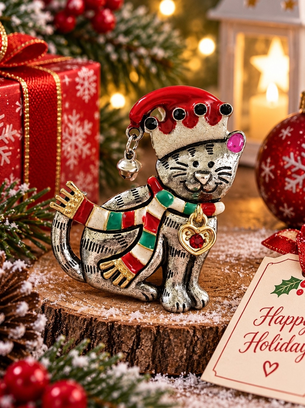 Festive Cat Brooch Pin in Red, Green & Gold - Holiday Enamel Cat Accessory